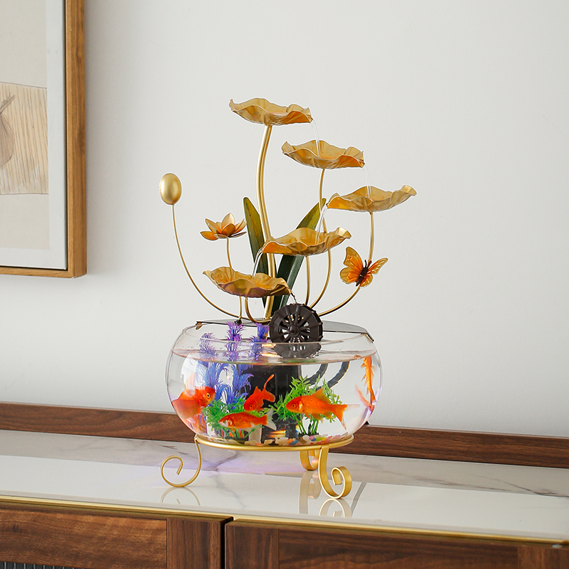 荷塘月色创意现代风简约大号铁艺荷叶循环流水玻璃鱼缸桌面摆件