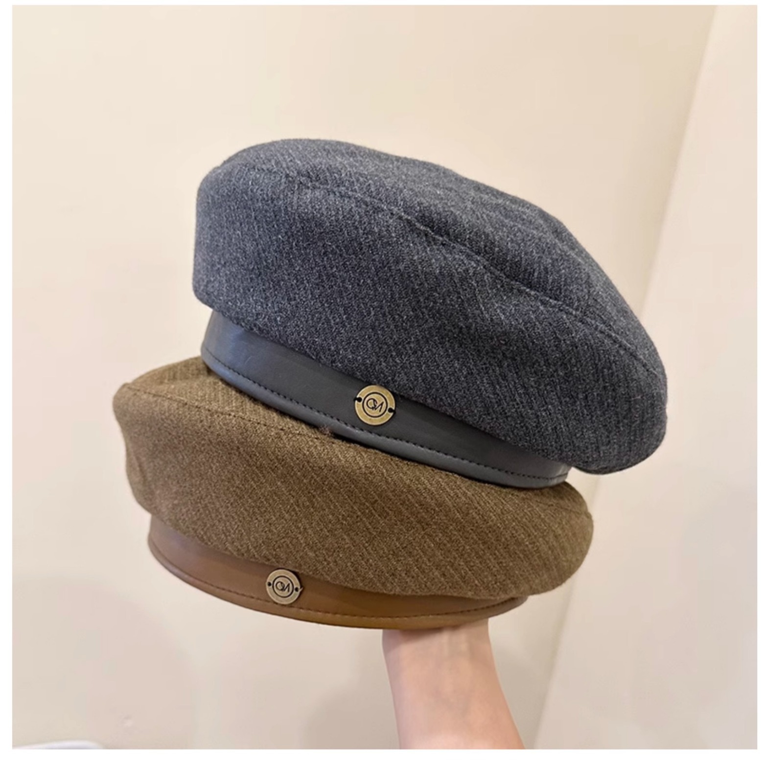 秋冬皮檐拼接时尚画家帽女日系百搭休闲保暖贝雷帽网红潮搭蓓蕾帽