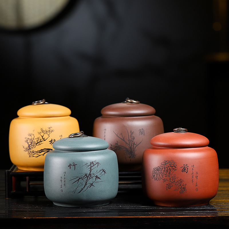 紫砂茶叶罐小号普洱红茶密封罐家用中式梅兰竹菊储存密封茶叶罐子