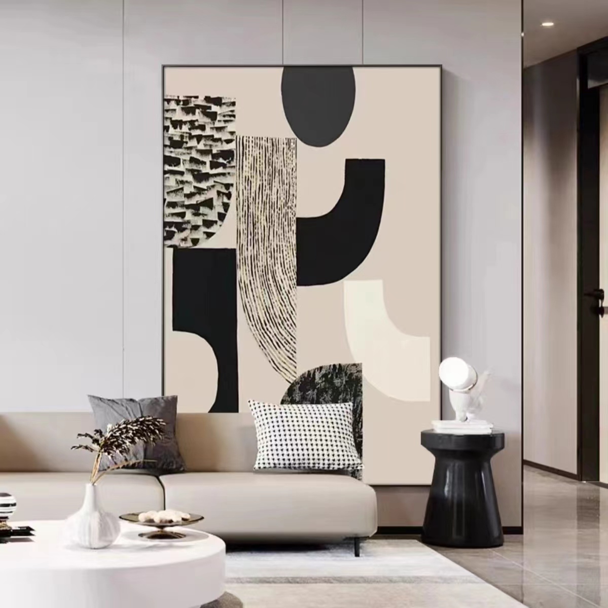 现代简约客厅玄关装饰画黑白灰抽象艺术背景墙壁走廊过道落地挂画