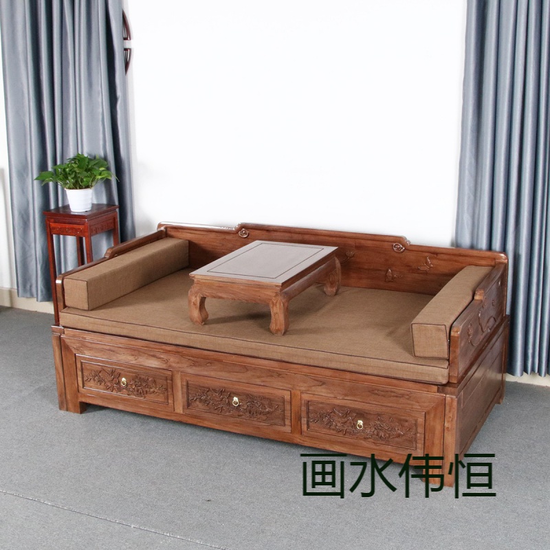 画水伟恒北榆木抽拉款两用罗汉床休闲榻实木家具原木手工