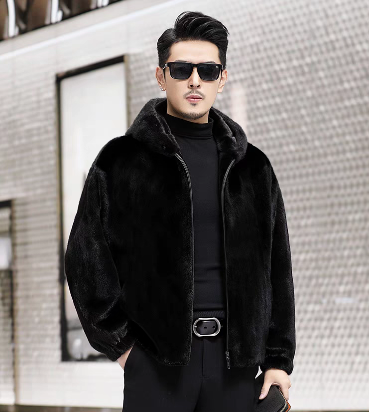 男士整貂丹麦天鹅绒短二黑色顺毛貂皮三紧拉链帽夹克休闲上衣