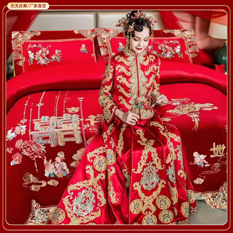 全棉婚庆四件套新婚纯棉100床单被套大红色结婚房床上用品大全