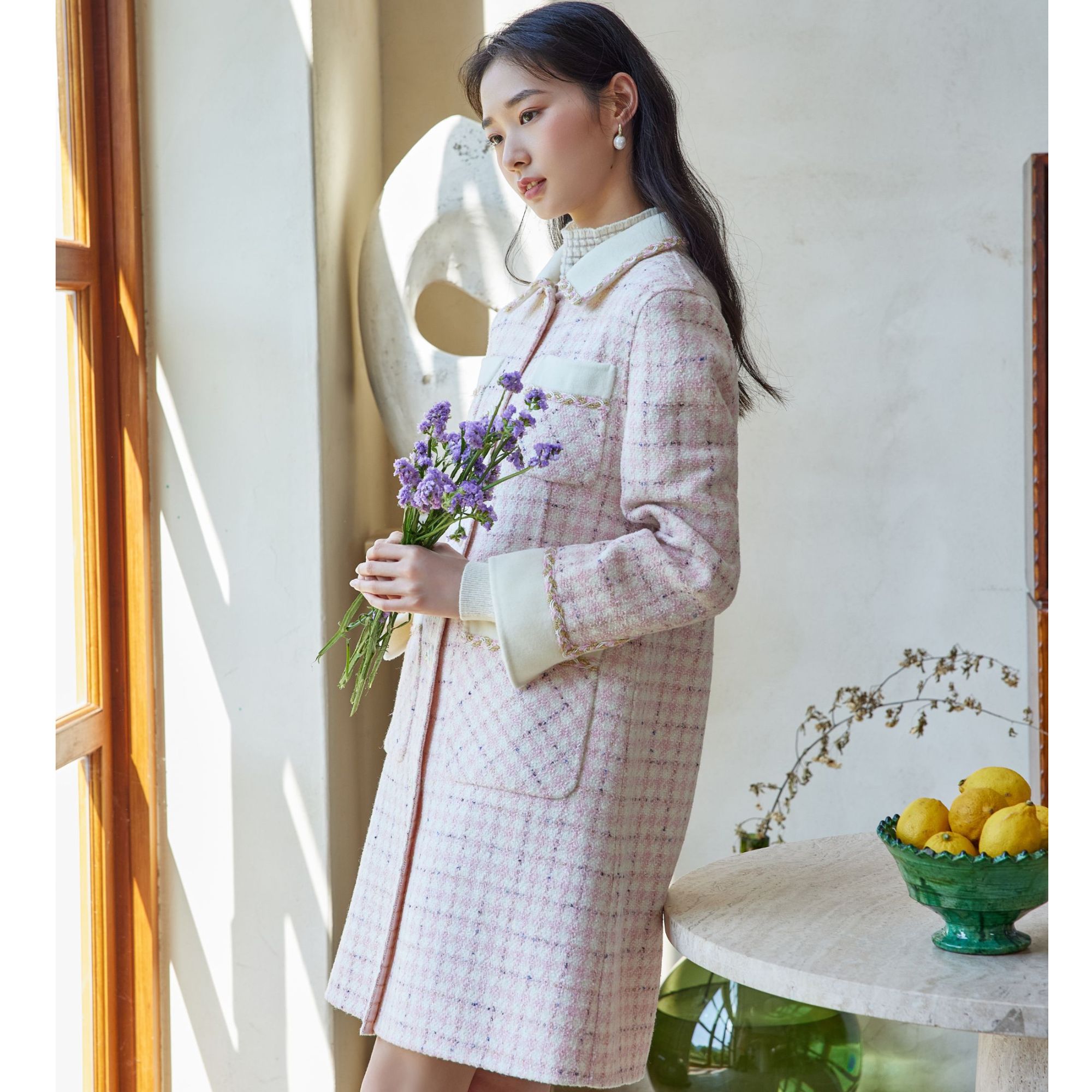 【高定】芭依璐格子与素色呢料拼接初恋甜桃大衣88D8650