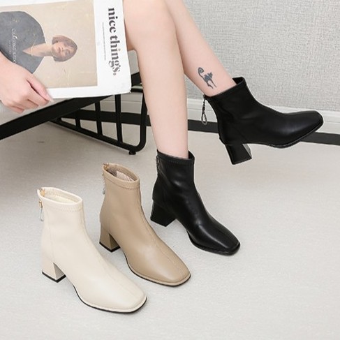 方头靴子女中跟韩版软皮弹力百搭高跟短靴英伦风瘦瘦马丁靴长筒靴