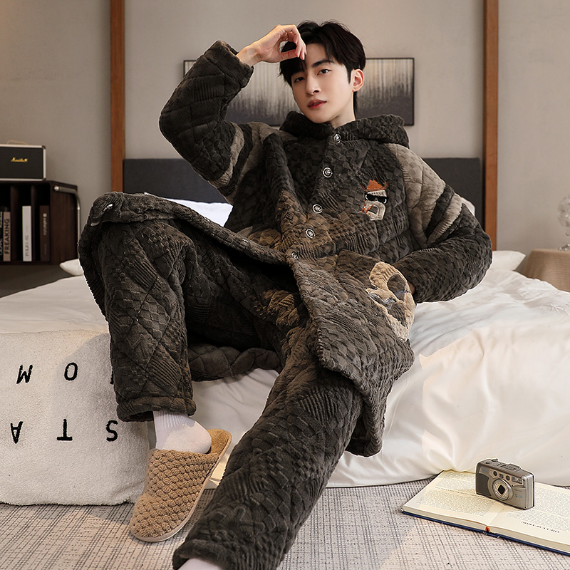 【特厚8857长款袍套冬季加肥加大连帽特厚睡衣】男士可外穿夹棉套