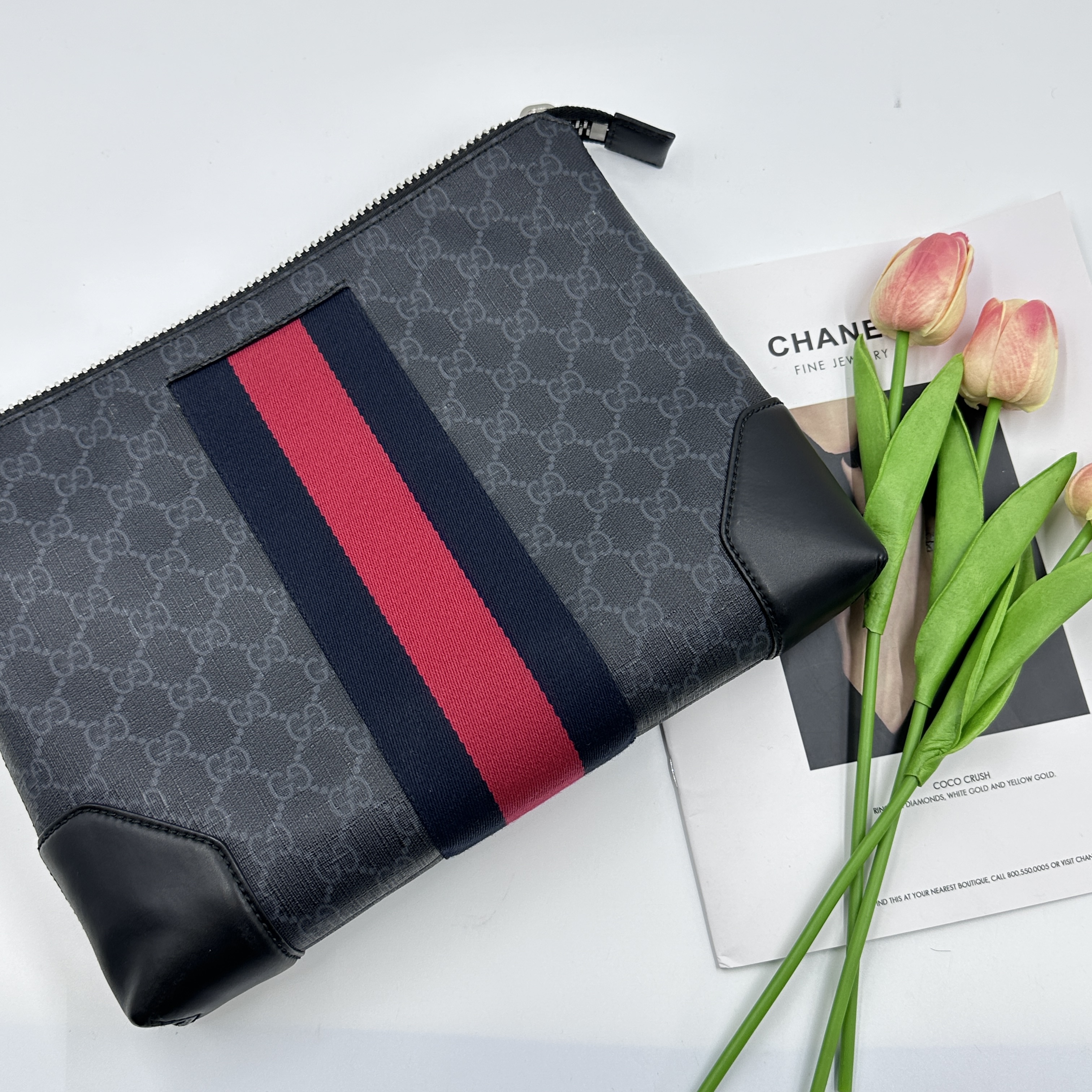 99新  红蓝织带印花手拿包