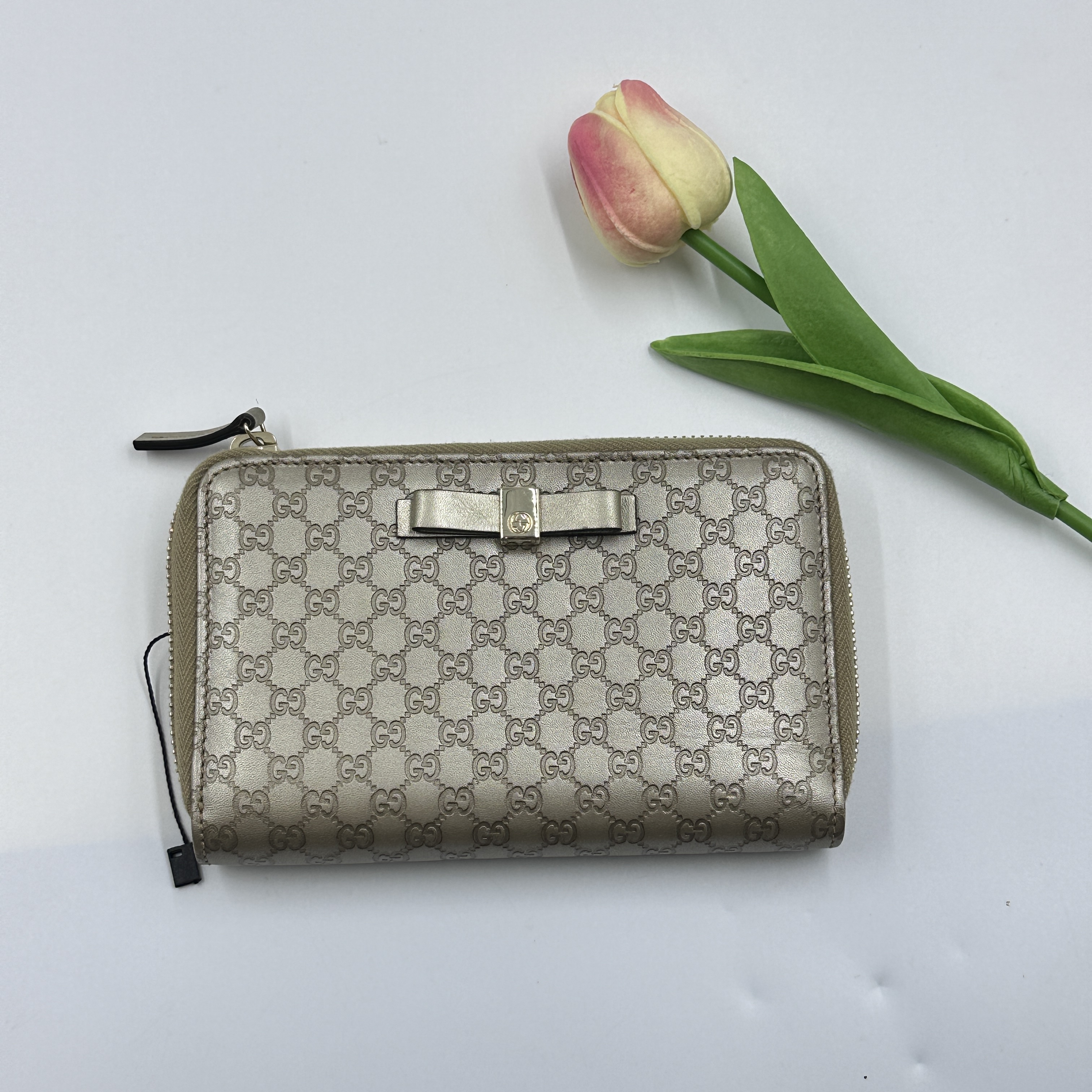 99新 GUCCI/古驰 金色蝴蝶结拉链风琴钱包