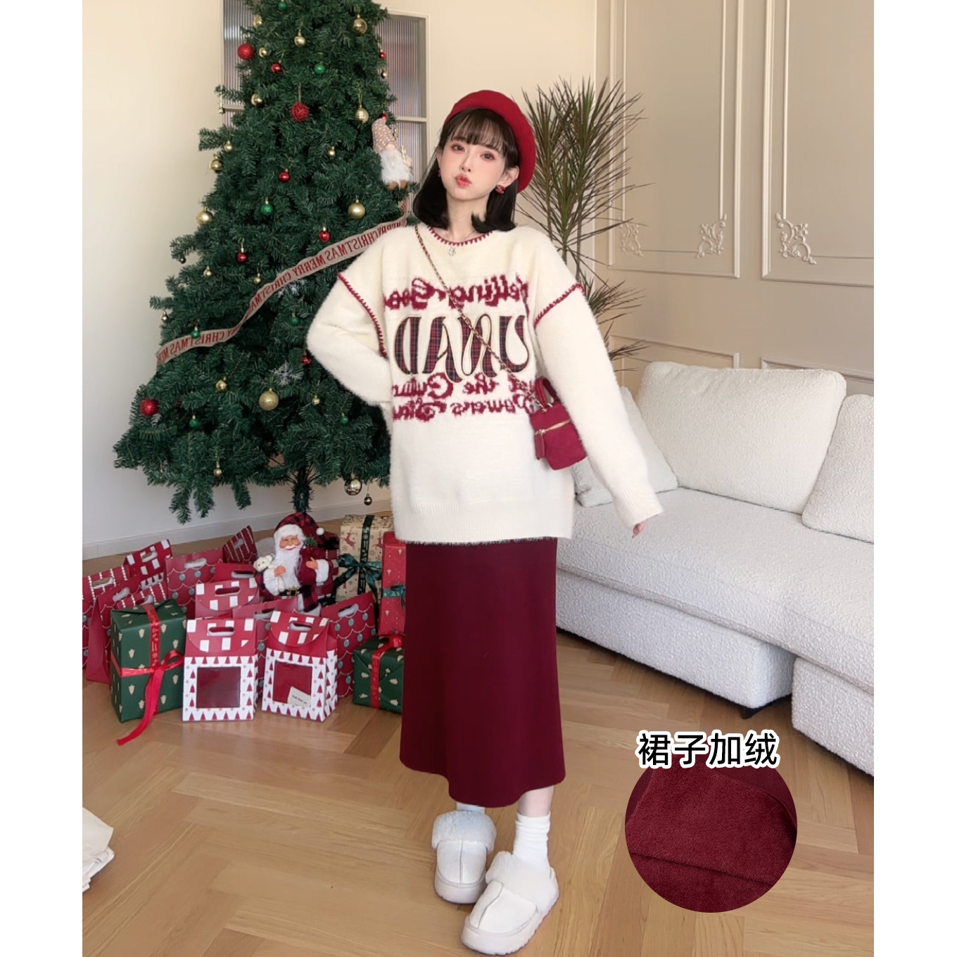 maodan/猫单清仓【杏仁烤奶】孕妇装秋冬加绒厚款红色半裙复古冬季.