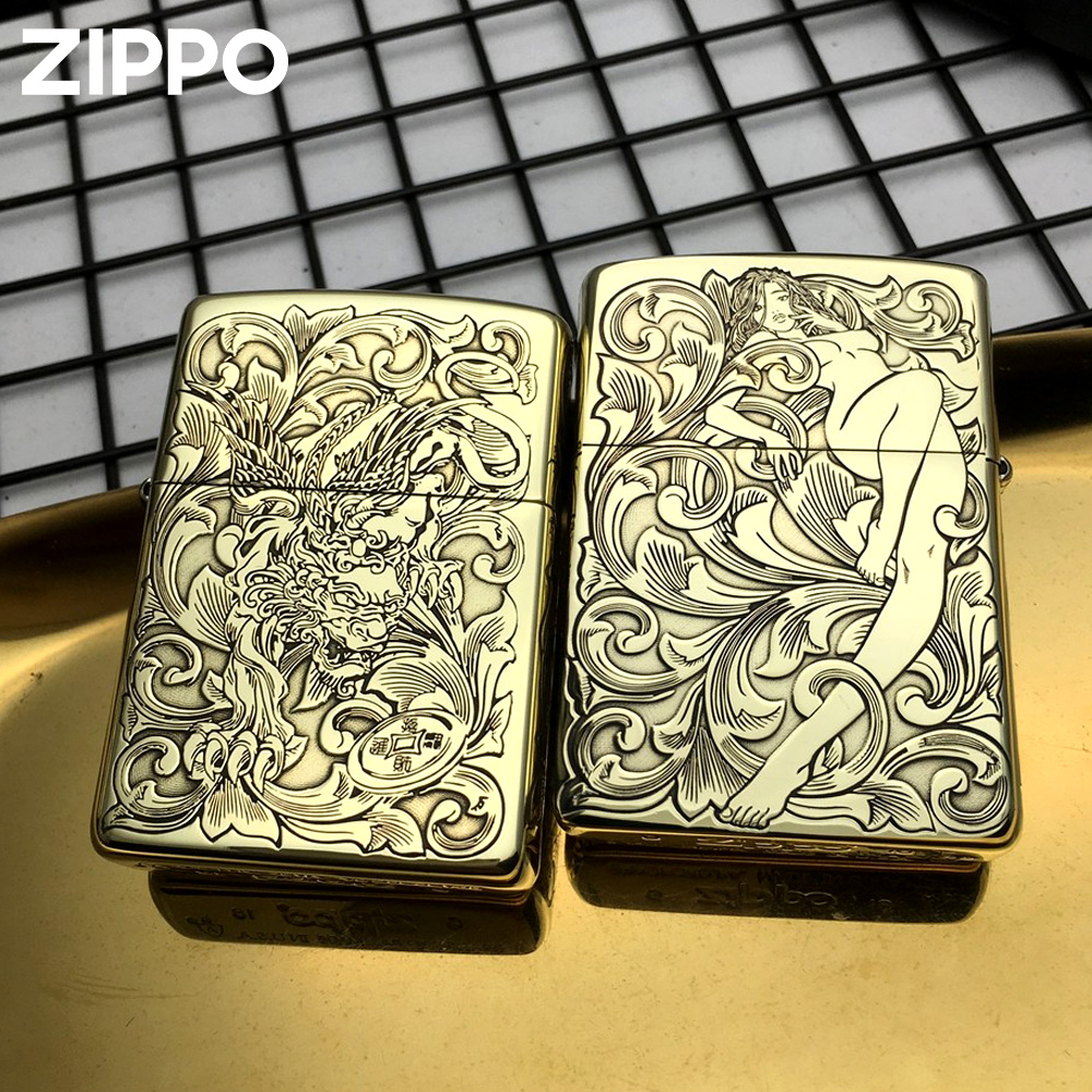 ZIPPO/之宝打火机纯黄铜盔甲双面雕刻财色双收男友士老公礼物DYJ1