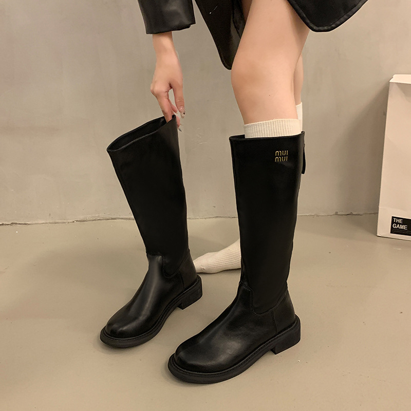 韩版低跟直筒女鞋2025年新款秋季黑色瘦瘦靴中筒骑士靴子