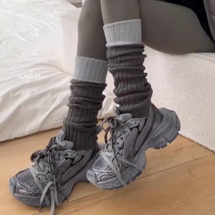 辣妹针织秋冬袜套加厚百搭堆堆撞色运动袜灰色过膝保暖小腿袜
