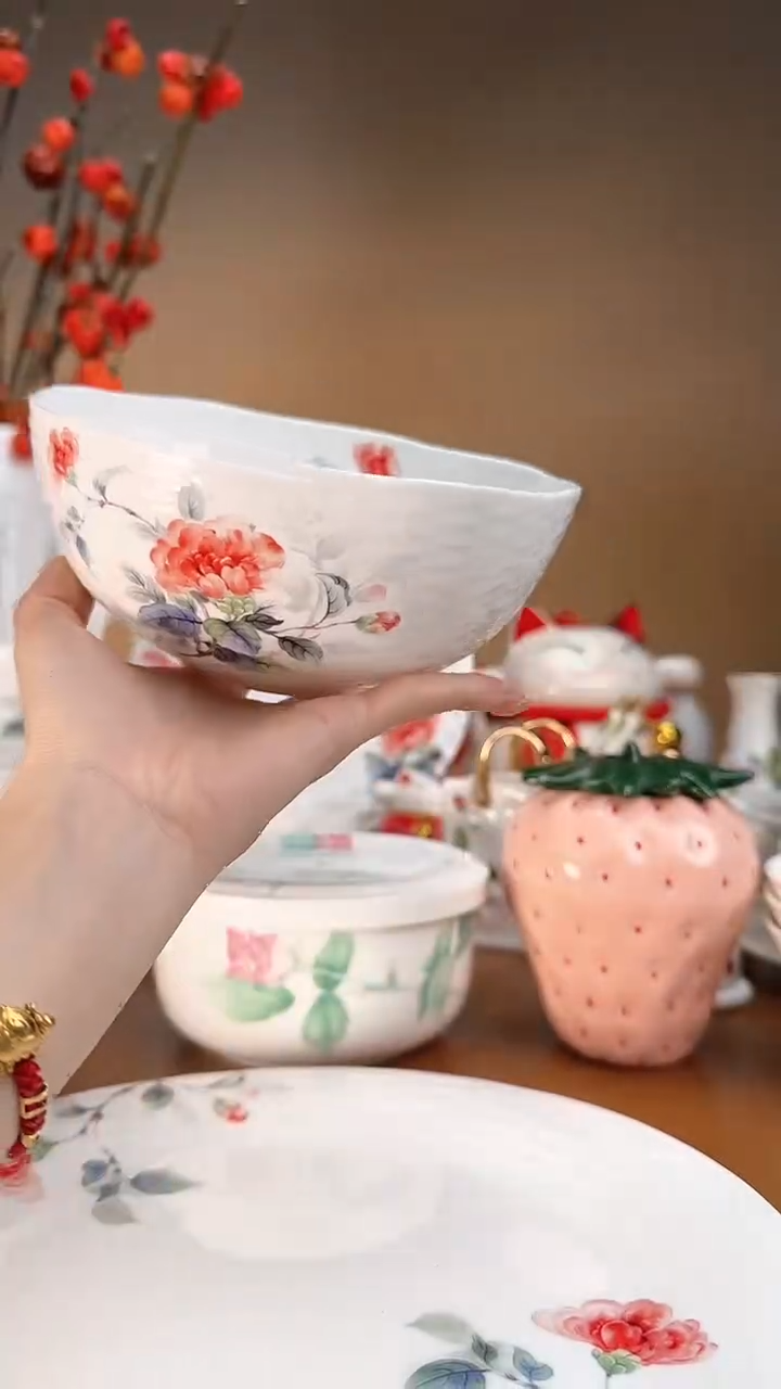 【闪购商品】山茶花高骨瓷藤编面碗