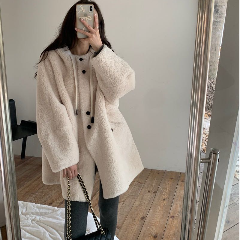 朵儿定制 连帽抽绳韩版宽松保暖毛毛外套IH78