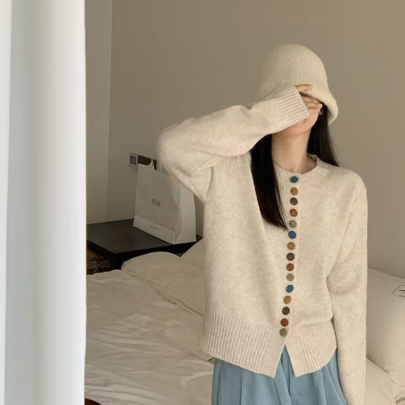 朵儿定制 彩虹包扣圆领针织开衫 温柔软糯气质ID26