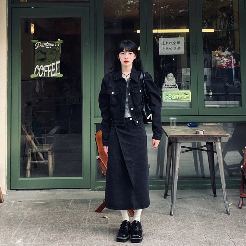 韩版盐系少女感设计感短款黑色牛仔外套+不规则半身裙两件套装女