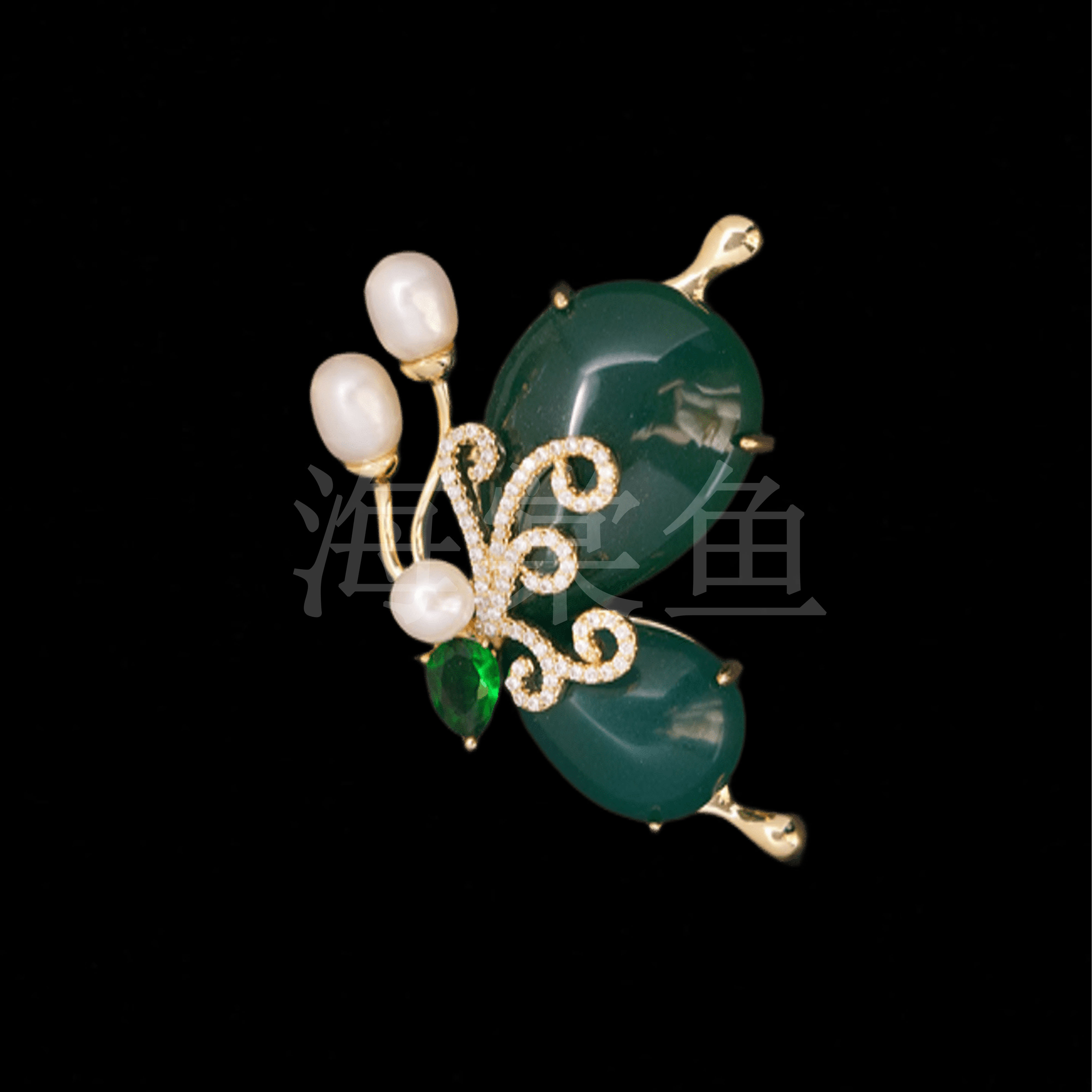 铜合金合成锆石胸针 HY2052碧绿珠珠蝴蝶胸针