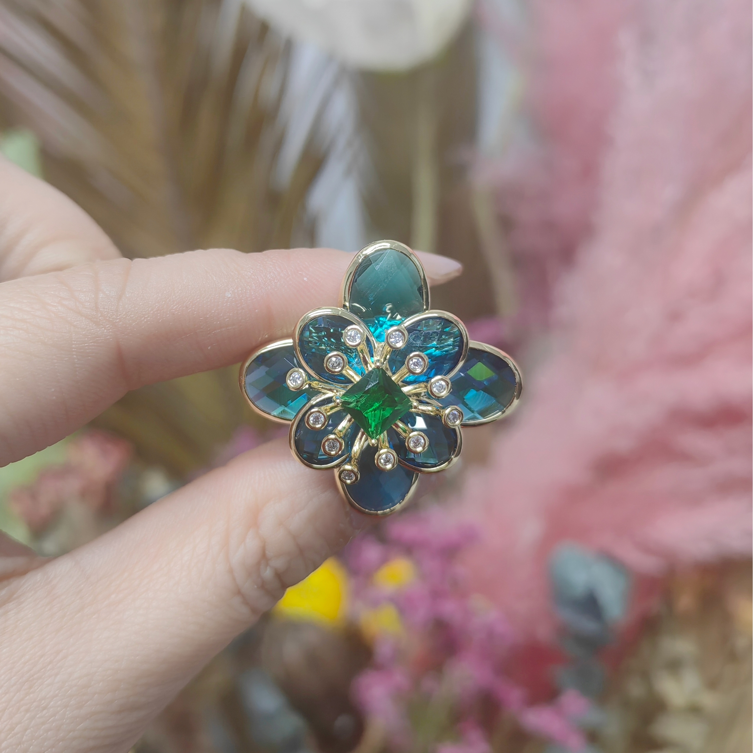 铜合金仿水晶胸针 时尚气质百搭蓝色花朵磁铁扣胸针3383