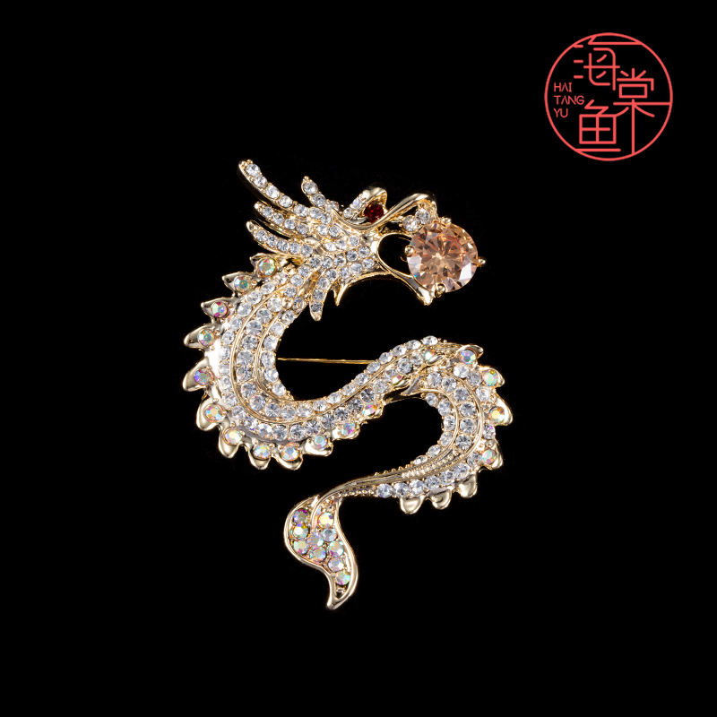 铜合金仿水晶胸针 HY1415中国龙《香槟》胸针