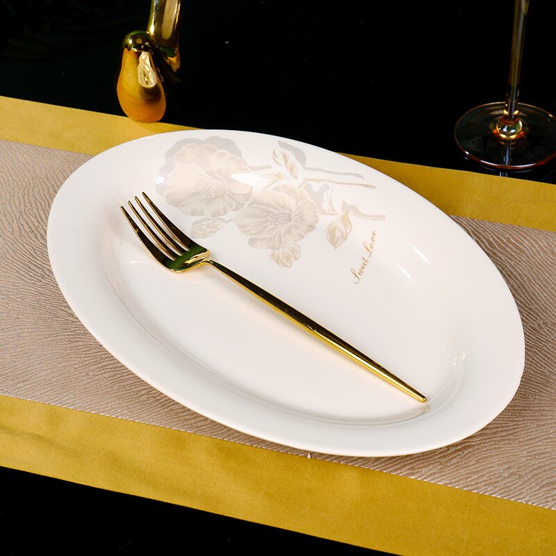 月光倾城 12寸鱼盘骨瓷餐具景德镇家用盘子椭圆形简约轻奢