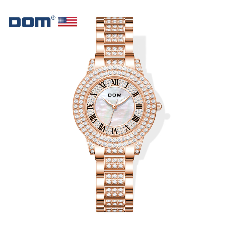DOM新款时尚腕表轻奢钢带石英简约女士防水手表玫金镶钻表带G1576