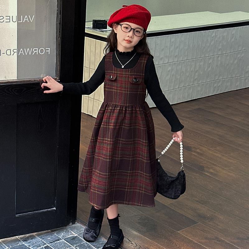 秋冬款加绒呢料裙子套装中大童小女孩时髦洋气儿童秋装连衣裙