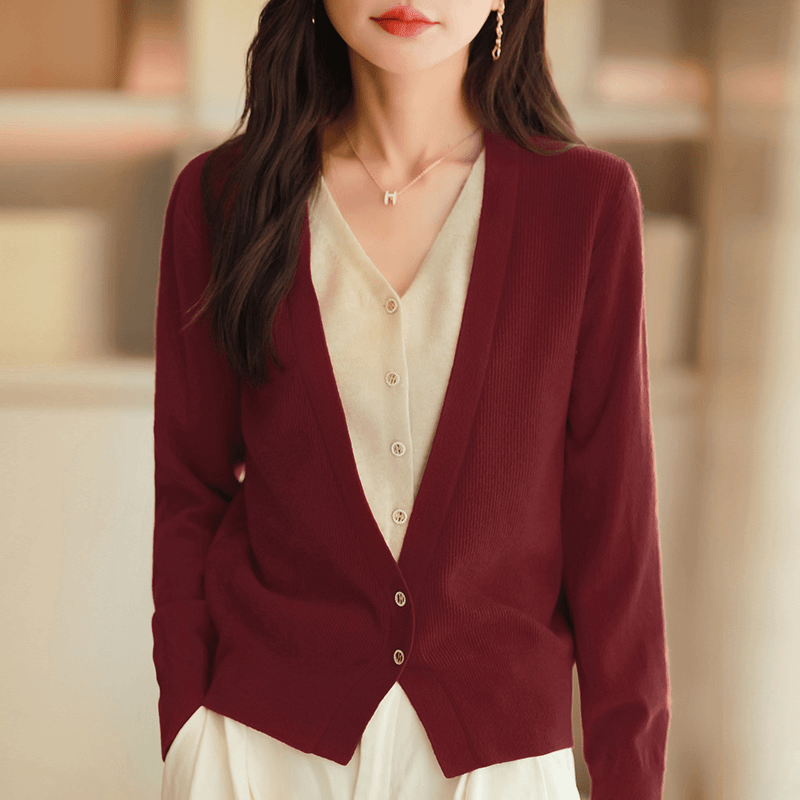 假两件V领拼色针织开衫上衣女秋冬新款高级感外搭短款毛衣外套