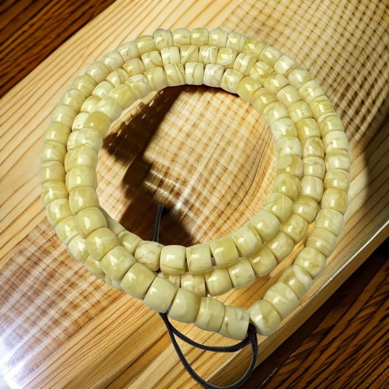 蜜蜡原矿 俄料直切瓷白花蜜蜡108脖挂