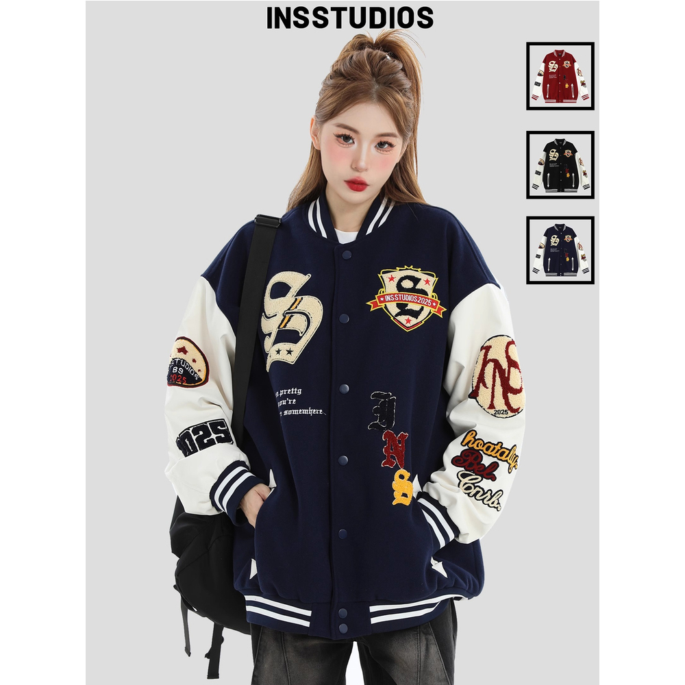 INSstudios国潮牌情侣美式植绒毛巾刺绣棒球服宽松休闲夹克外套