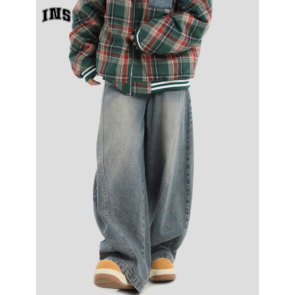INSstudios国潮牌情侣美式复古水洗浅蓝色牛仔裤宽松阔腿弯刀裤