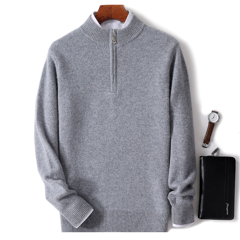 高定订单款！羊绒衫男半高领拉链加厚打底毛衣商务休闲纯色针织衫
