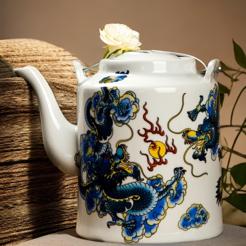 景德家用过滤粉彩彩龙戏珠茶壶提梁壶茶壶茶具怀旧壶