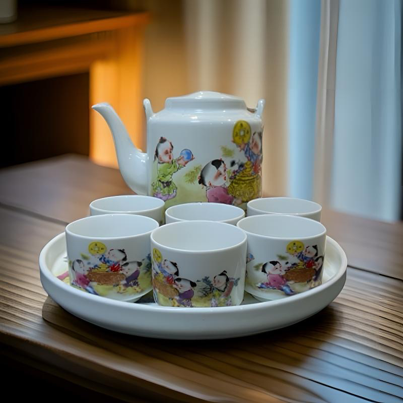 景德镇招财进宝茶壶茶盘，三斤茶壶 六个茶杯