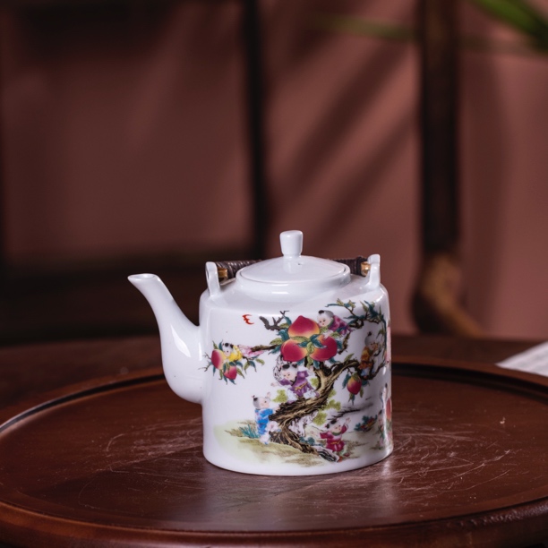 景德镇仿古壶粉彩九子蟠桃500cc提梁壶茶壶收藏茶具