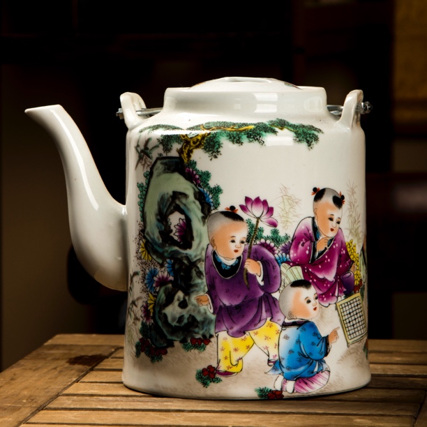 景德镇仿古粉彩乐在其中陶瓷茶壶提梁壶茶壶茶具收藏中式摆件