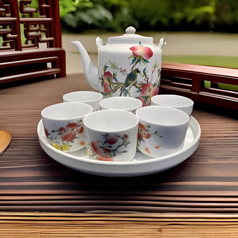 景德镇茶壶蟠桃献寿三斤茶壶 六个单杯 茶盘