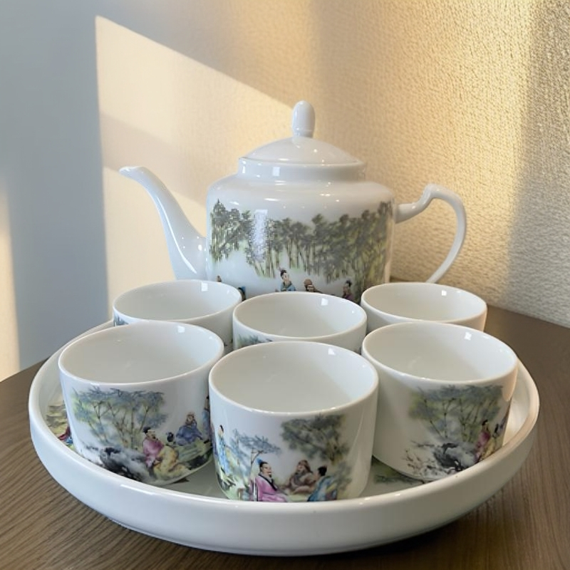 景德镇竹林七贤四合壶➕六个杯子➕茶盘