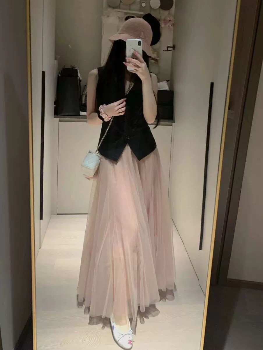 粉色纱裙半身裙女夏季新款高腰垂感显瘦a字网纱裙中长款大摆伞裙
