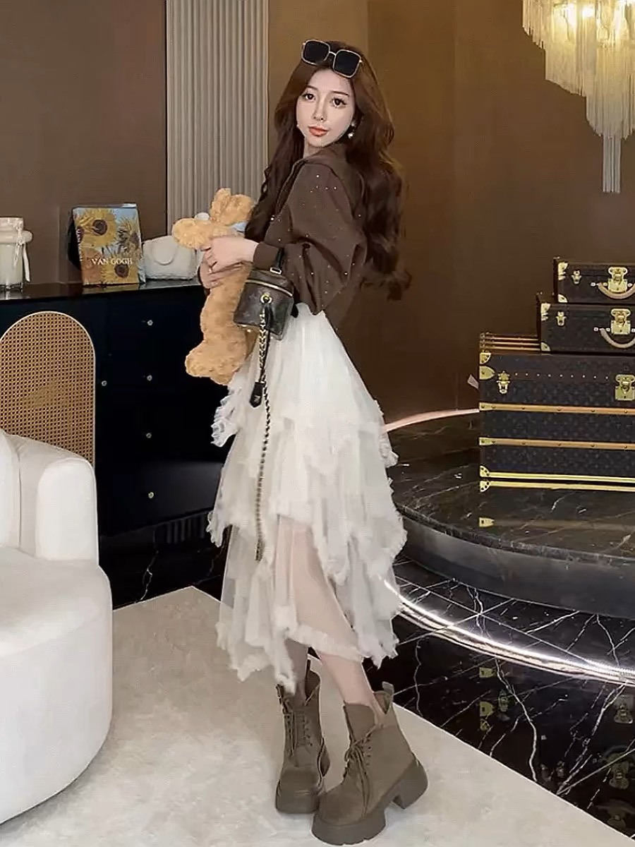 韩版高级感时尚气质中长款收腰显瘦不规则蕾丝半身裙女夏网纱裙子