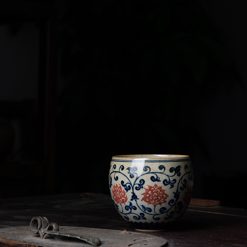 独清 手绘缠枝宝相蛋蛋杯 复古青花主人杯单杯功夫茶杯茶具品茗杯