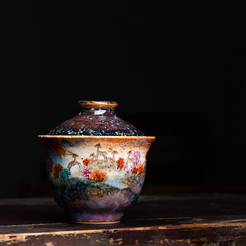 独清 柴烧窑变小鹿杯 手工陶瓷窑变开片可养功夫茶具泡茶盖碗茶杯