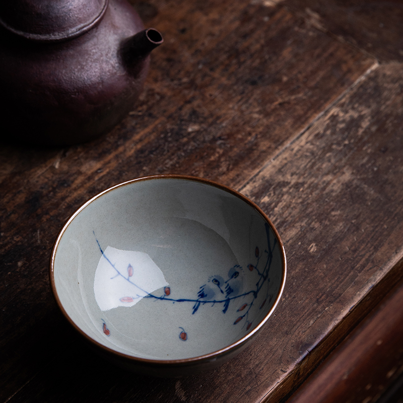 独清 青花内绘花鸟杯 手工陶瓷主人杯功夫茶杯单杯中式复古品茗杯