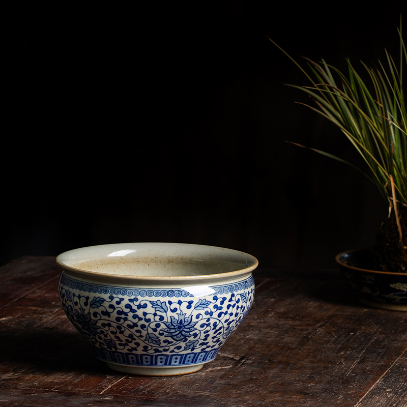 独清 青花缠枝莲茶洗 陶瓷水盂茶渣斗烟灰缸功夫茶具笔洗建水手工