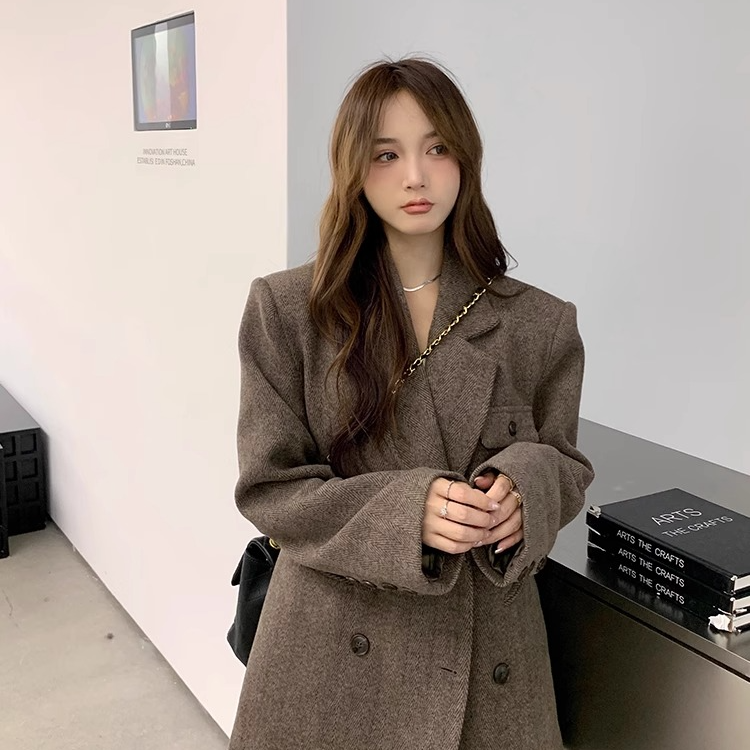 西装毛呢外套女秋冬美拉德穿搭宽松单面呢中长款呢子大衣