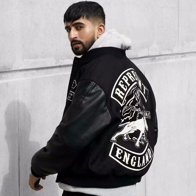 黑色美式高街棒球服夹克2023新款秋冬恶犬刺绣皮袖潮牌宽松外套潮