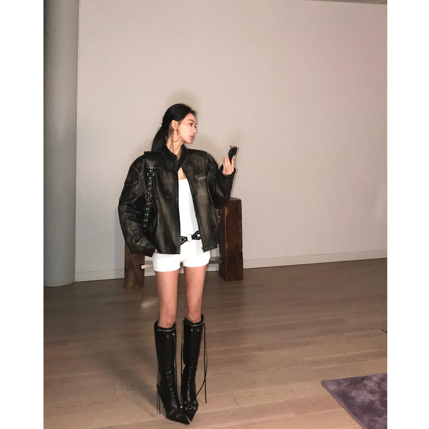 COCO皮草“机车少女”新款进口复古擦色植鞣绵羊皮真皮皮衣外套女