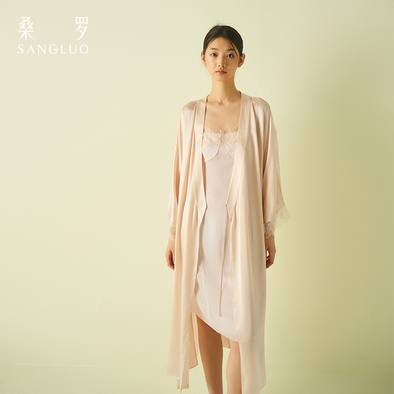 【月光】桑罗桑蚕丝睡袍蕾丝桑蚕丝睡衣高级感中长款家居服03A22010