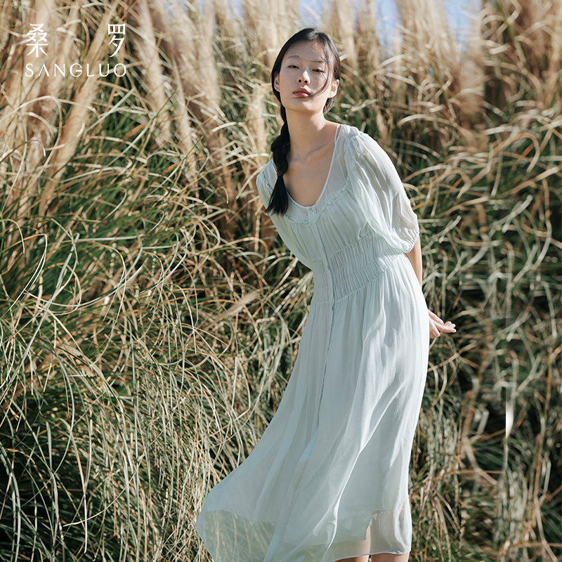 仙缕』桑罗真丝睡裙睡袍蕾丝拼接乔其纱两套装03422050/03223278