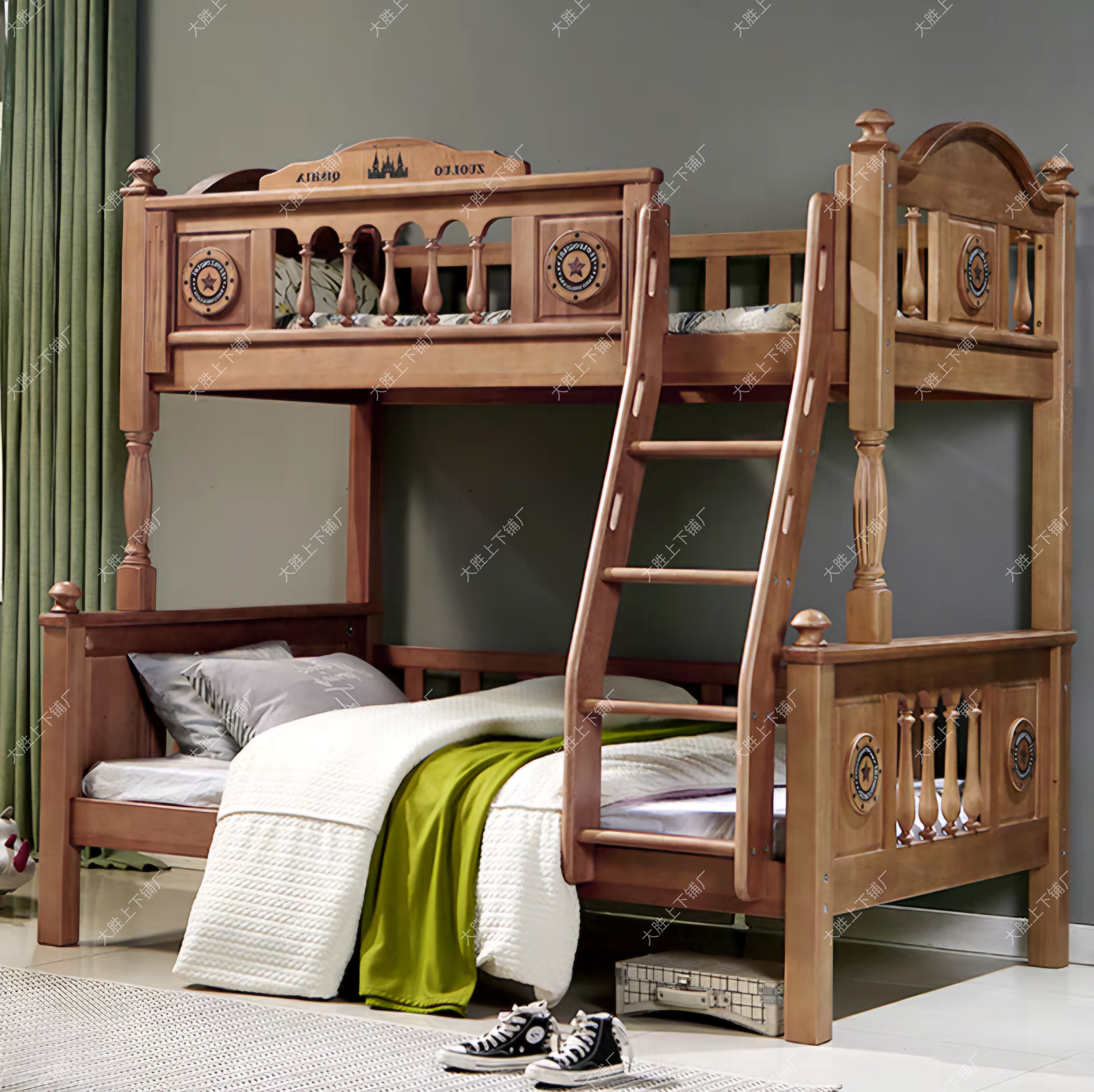 全实木儿童床双层床美式高低床鹅掌楸木多功能木蜡油书柜床床简约
