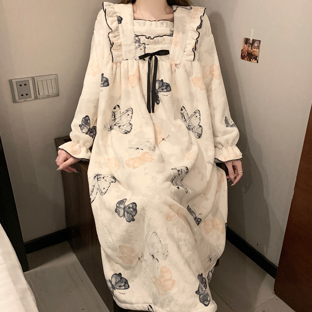 睡裙法兰绒秋冬季韩版卡通公主风加厚保暖珊瑚绒网红公主风家居服